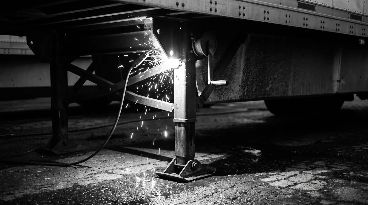 Welding sparks on a semi-trailer landing gear leg